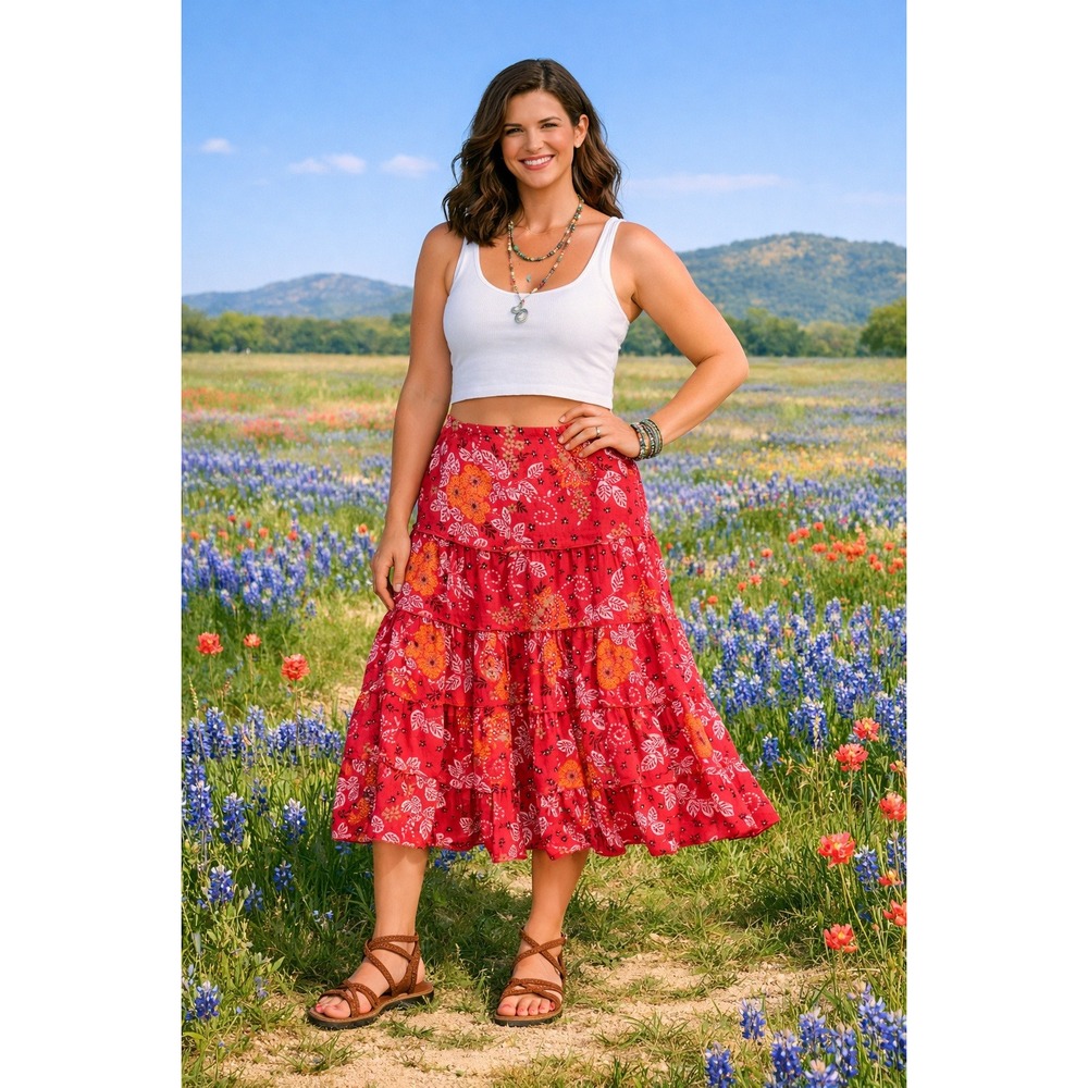 Harold's Tiered Midi Skirt Womens 2 Pink Floral Cotton Western Boho Cottage‎ Fem